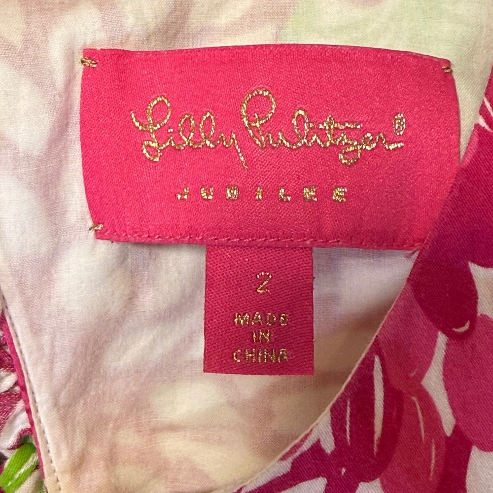 Lilly Pulitzer Jubilee Dress Women 2 Pink Green Floral Ruffle Keyhole Resortwear - Picture 5 of 7